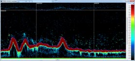 Echogram depicting the distribution of fish in the water column around coral mounds off the coast of Florida. The red line is the seafloor at about 85m.