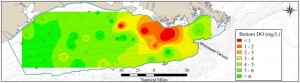Researchers identified areas with low dissolved oxygen (DO) levels resulting in unhealthy benthic communities shown here in red, orange, and yellow.