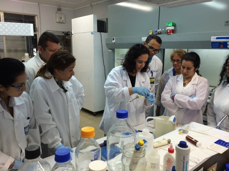 NCCOS Scientist Tina Mikulski demonstrates transfer of reagents for toxin assay. Credit: NOAA.