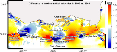 Difference in maximum tidal velocities in Mississippi Sound, 2005 versus 1848 due to sea level rise and coastal morphology changes. Credit D. Passeri, University of Central Florida 