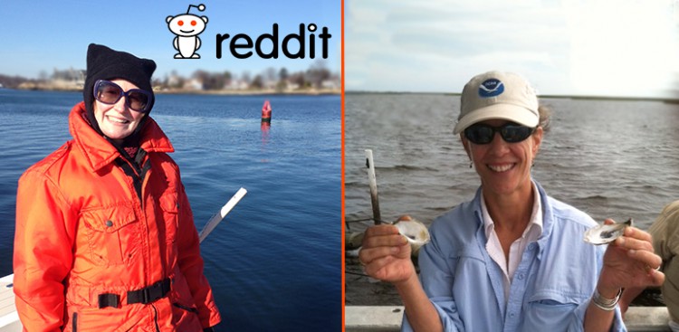 Dr. Julie Rose (L), research ecologist for NOAA's Northeast Fisheries Science Center's Milford Lab, and Dr. Suzanne Bricker (R), physical scientist at NOAA's National Ocean Service. Both love shellfish and researching them. Credit: NOAA.