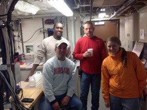 Eric Gulledge (back left) with his sampling shift team, Dave Kidwell, Steve Kibler, and Leslie Irwin. Credit: NOAA.