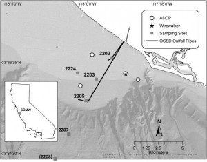 A map of the study region off the Los Angeles, CA area showing the 1-mile (78-inch) and 5-mile (120-inch) outfall pipes and major stations with shaded bathymetry in the background. Both pipes discharge on the continental shelf at approximately 16 and 56 m water depth. ADCP (Acoustic Doopler Current Profiler, OCSD (Orange County Sanitation District), SCMW (Santa Cruz Municipal Wharf). Image courtesy R. Kudela, University of California, Santa Cruz