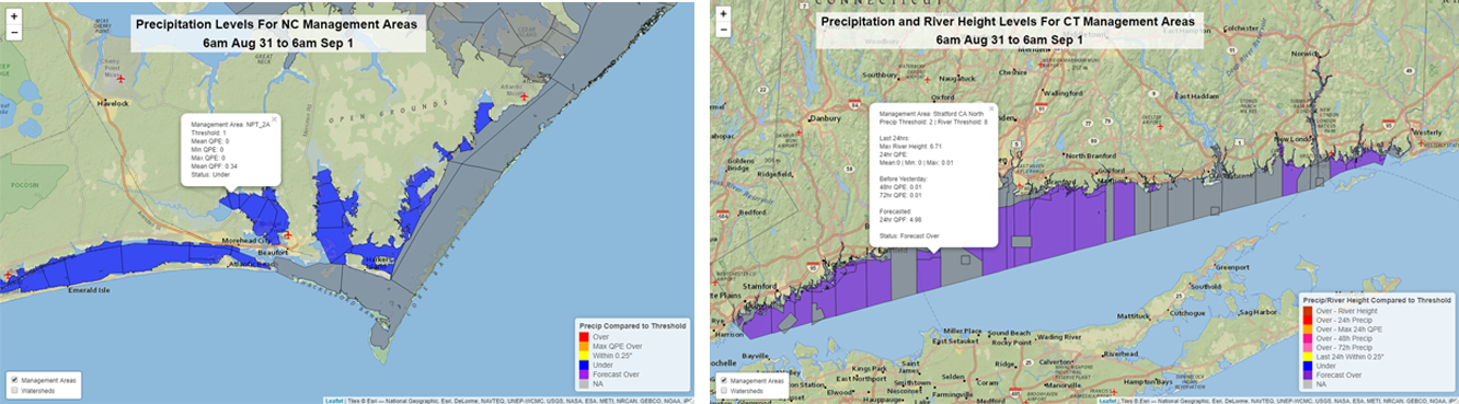 Caption: These images show demonstration decision support tools for North Carolina (left) and Connecticut (right). These interactive tools gather and evaluate rain and river data to see if the conditions in each shellfish growing area meet established criteria for restricting harvest. The blue and purple colored areas on these maps show the shellfish growing areas that may be closed to harvest based on environmental conditions, such as rainfall. The pop-up windows show the type of results generated for each growing area.