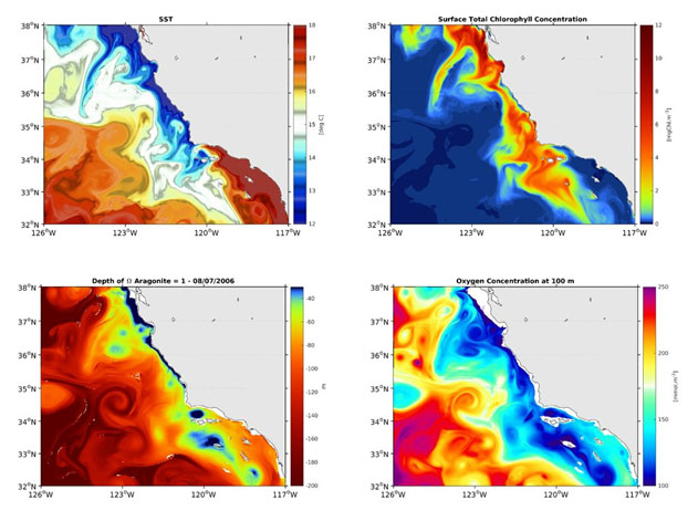 maps of modeled oceanic hypoxia acidification in California Current