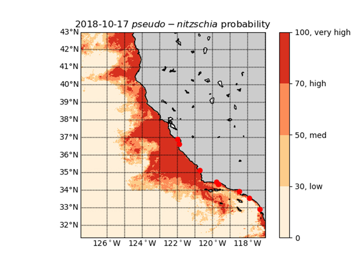 Map showing probablility of Pseudo-nitzschia bloom along U.S. west coast on October 17, 2018, as predicted by C-HARM Model (California-Harmful Algae Risk Mapping).