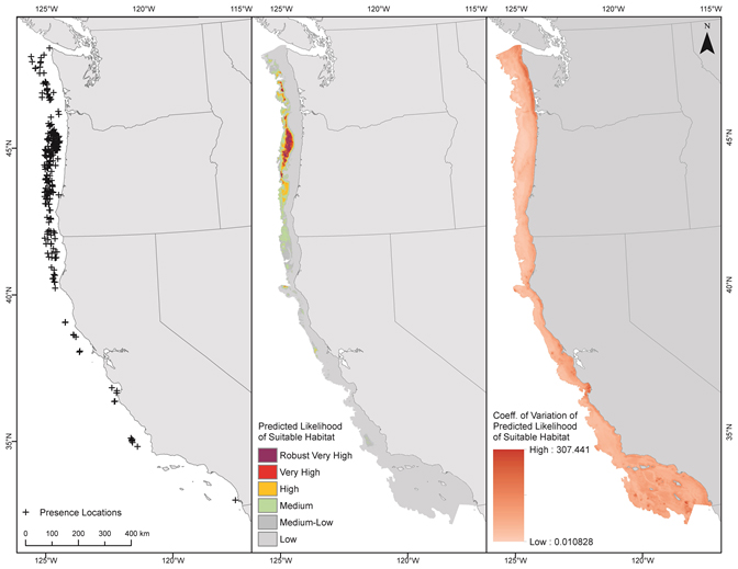 Predictive habitat modeling for an example deep sea coral species along the U.S. West Coast. From left to right, locations of observed coral occurrences, predicted distribution of relative habitat suitability, and uncertainty associated with model predictions.