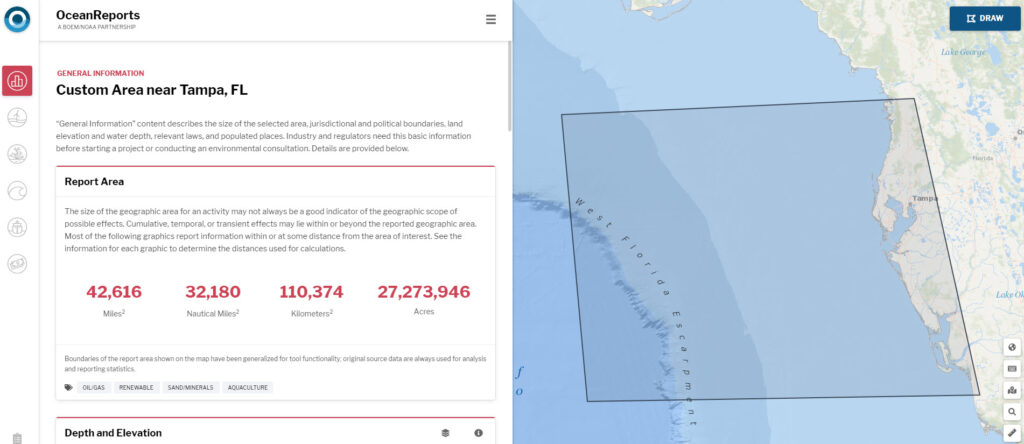 Screen shot of the OceanReports tool, a web-based mapping application that allows users to conduct custom spatial analyses of authoritative ocean data within any area of the U.S. Exclusive Economic Zone.