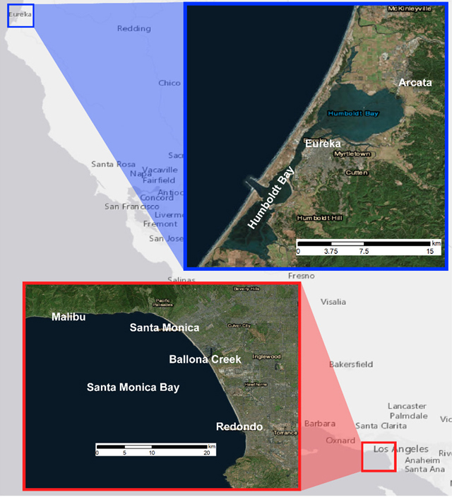 Aerial imagery showing the two study areas: urbanized Santa Monica Bay (red) in southern California, and the more rural Humboldt Bay (blue) in northern California.