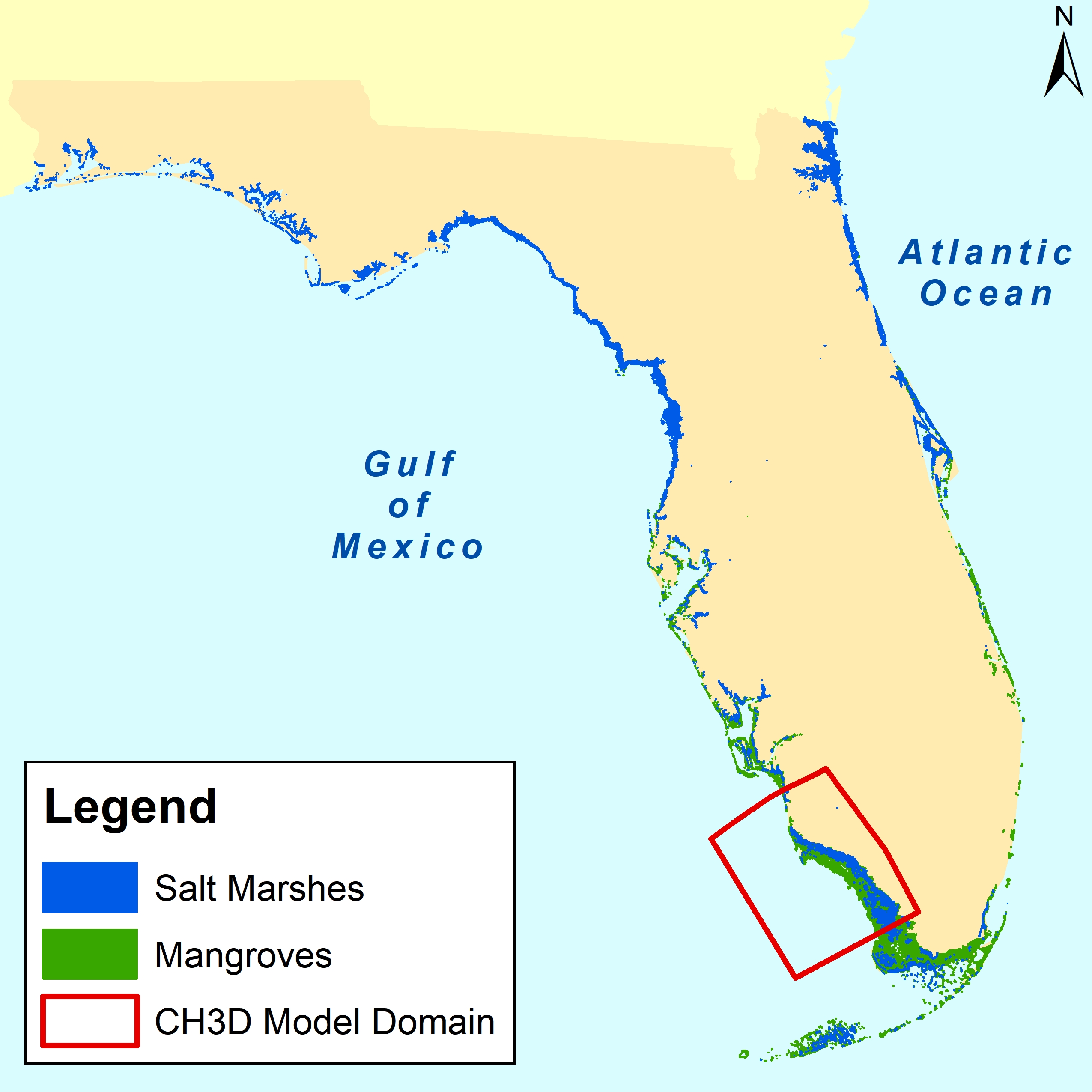 The project focuses on Southwest Florida (red box on map), which has both salt marsh and mangrove habitat.