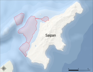 Project area (red hatched area) for the habitat mapping effort around Saipan, CNMI. This AOI is based on a previous habitat mapping effort done by Costa & Kendall (2016) and recently collected LiDAR data (in process).