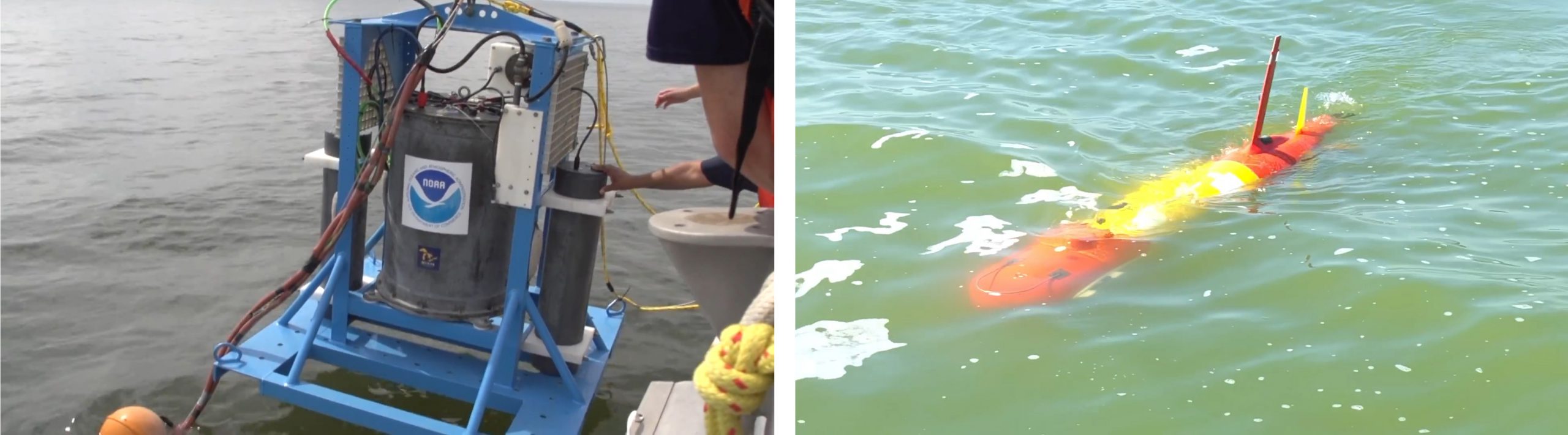 LEFT: The moored Environmental Sample Processor (ESP) being deployed in Lake Erie. RIGHT: The autonomous underwater vehicle ESP. The mobility of this system allows it to provide toxin monitoring over a larger area than the moored ESP.
