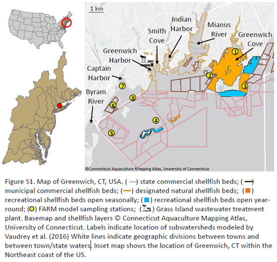 map of Greenwich, Connecticut, showing locations of shellfish beds (state, municipal, recreational, and natural).