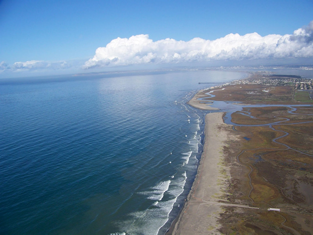 Aerial view of Tijuana River National Estuarine Reserve, an intermittently open estuary in Southern California. 