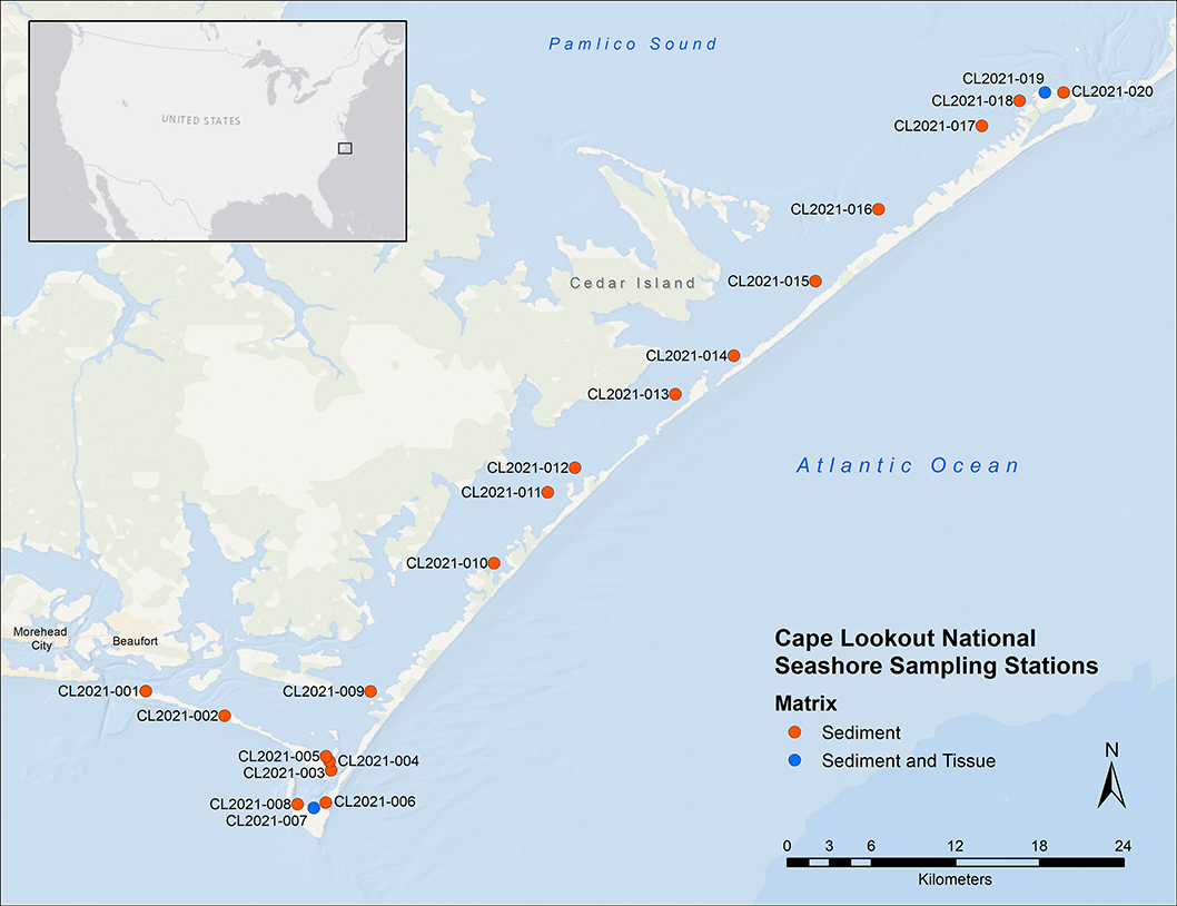 Map of Cape Lookout National Seashore sampling sites. 
