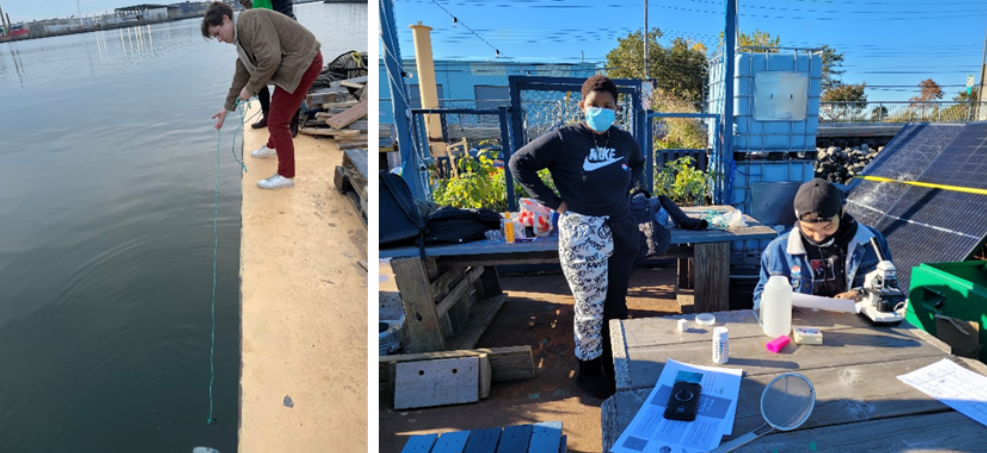 Left: Jae Wendell from the RETI Center collects a phytoplankton sample from Gowanus Bay, New York. Right: Students from South Brooklyn High School use a microscope to identify phytoplankton in the sample.