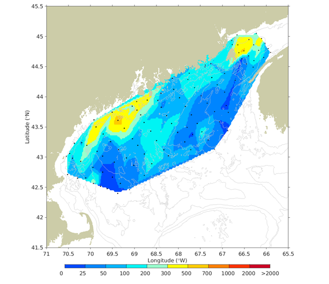 Figure 1. Concentration of Alexandrium cysts in Gulf of Maine bottom sediments (cells/cm²), collected in February 2022.