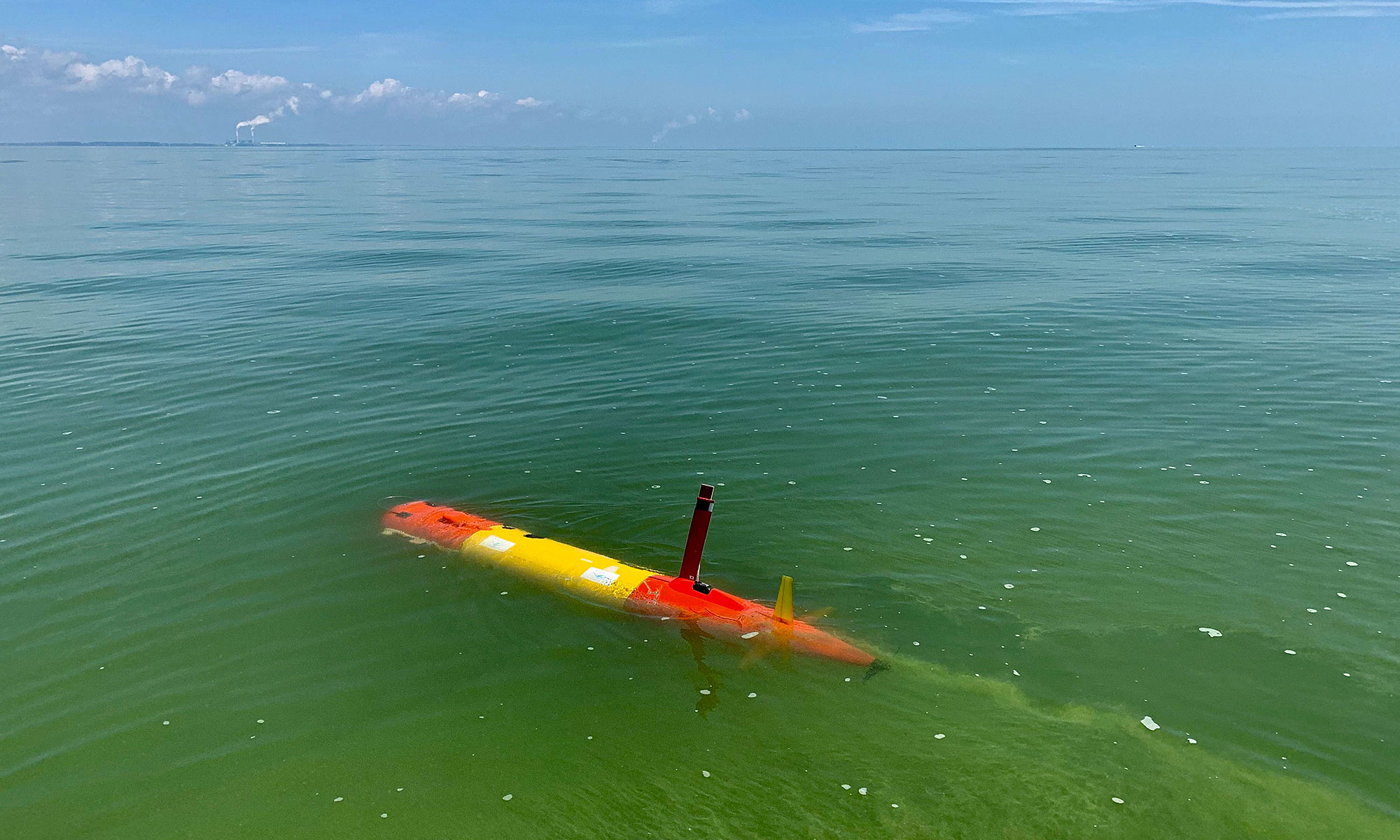 One of MBARI’s long-range autonomous underwater vehicles makes its way through the 2019 harmful algal bloom in Lake Erie.