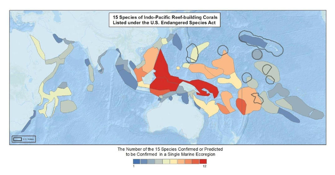 Figure 1. Map showing distribution of the 15 ESA-listed corals in the Indo-Pacific region.