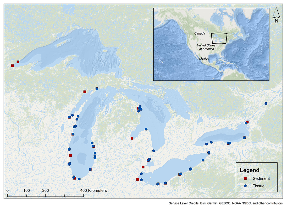 Map of sites sampled in the Great Lakes region in 2022 as part of the National Mussel Watch Program. 