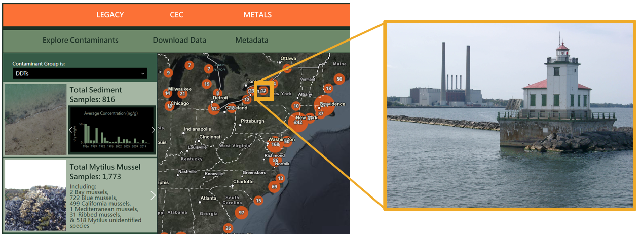 The Coastal Pollution Data Explorer (left) provides contaminant data from across the United States. Over 600 contaminants from 1986 to the present are included and were collected at sites like Oswego Harbor in Oswego, NY (right).