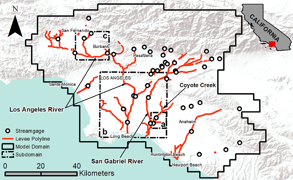 Map showing extent of Los Angeles Metropolitan Region (solid black line). Red lines represent levees.