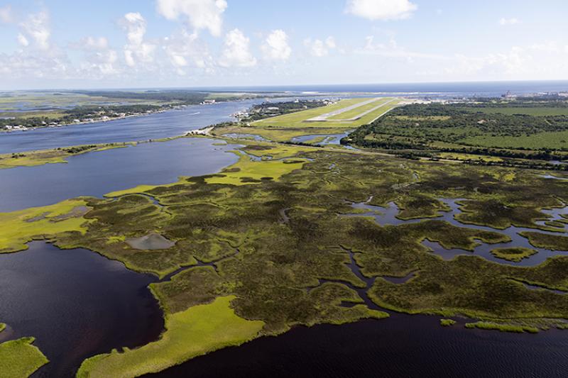 Aerial view of salt marsh near Naval Station Mayport in Jacksonville, Florida. 
