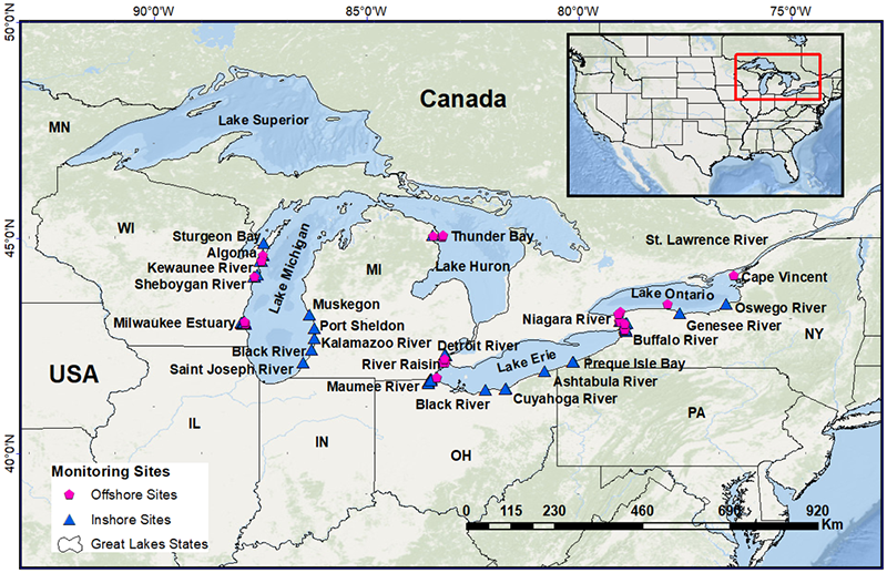 Map of Great Lakes Mussel Watch Program PFAS sites, 2013–2018.