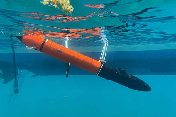 Underwater view of a torpedo-shaped device be lowered into the water next to a boat.