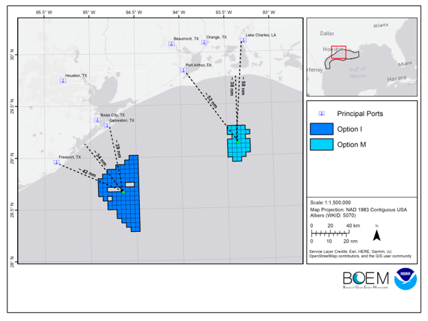 Map of Gulf of Mexico showing principal ports in Texas and Louisiana, and two options for offshore wind energy auctions