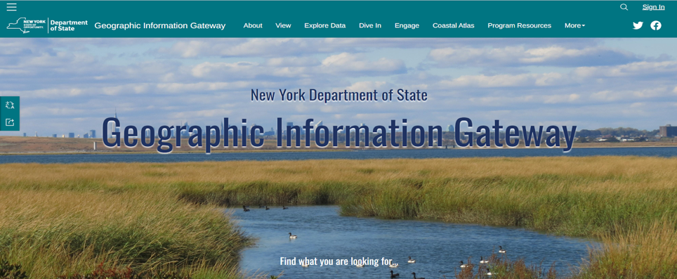 Text reads New York Department of State Geographic Information Gateway with a marsh and tidal creek image in the background.