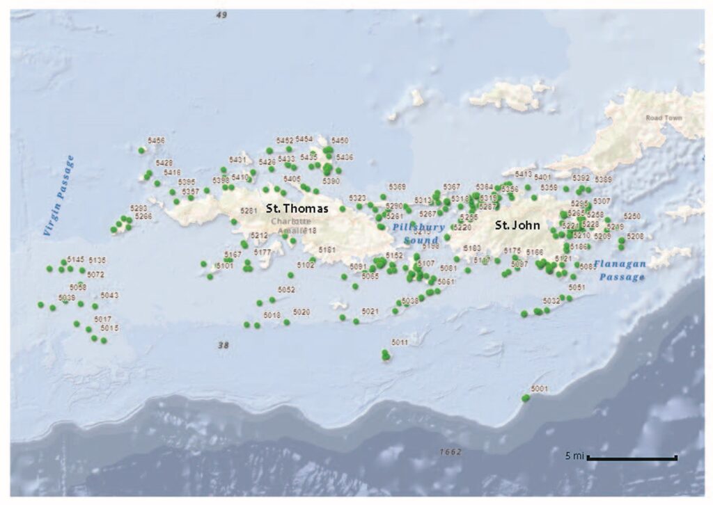 Map of the water surrounding St. Thomas and St. John. Many green dots surround the islands indicating sample sites.