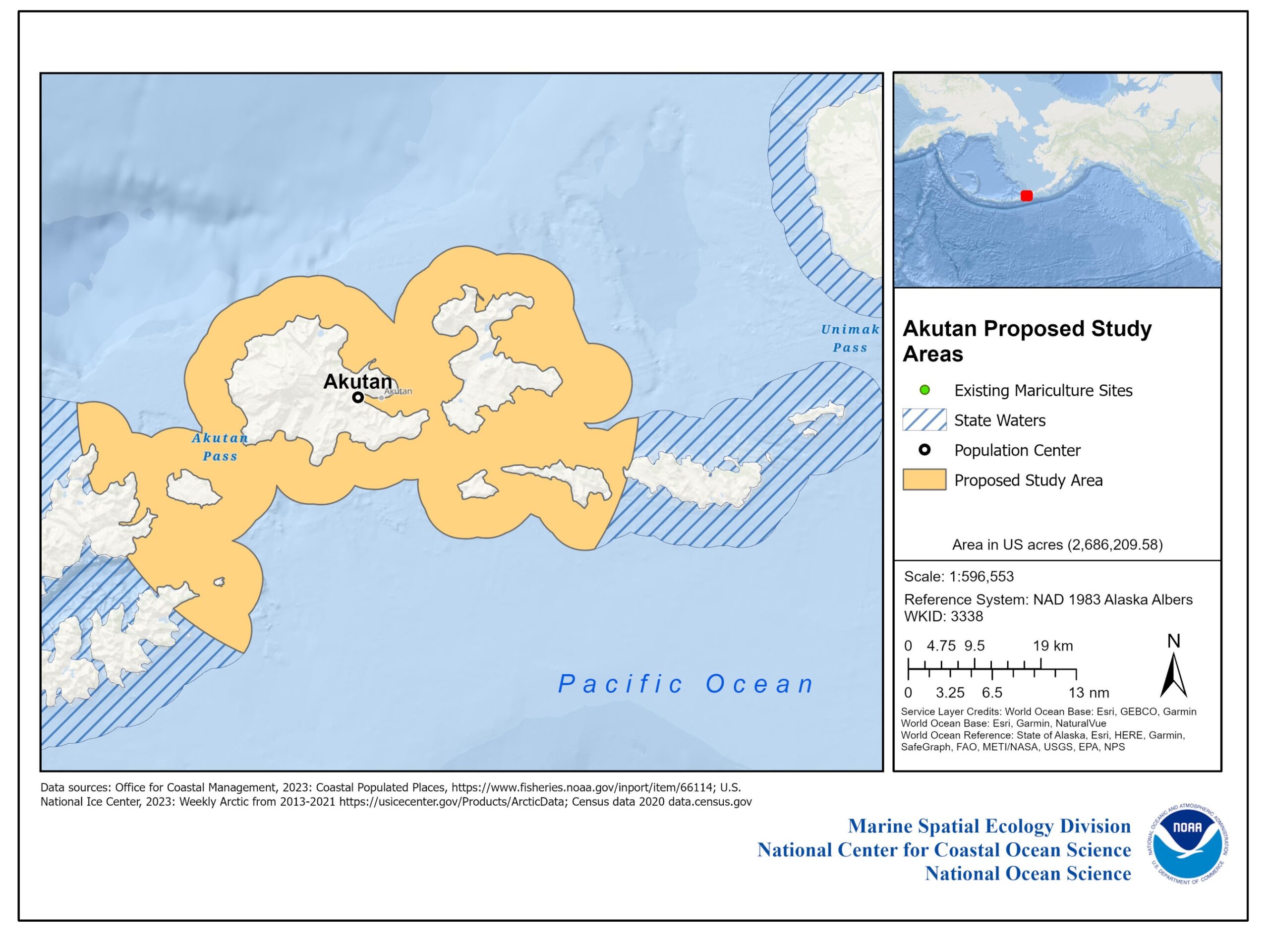 Map of waters around Akutan, Alaska showing proposed study areas.