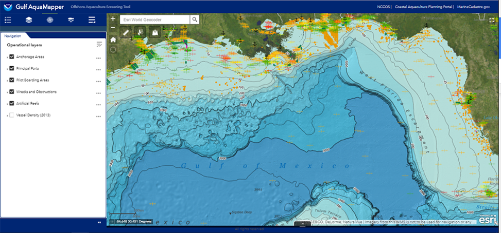 Gulf AquaMapper showing bathymetry in the Gulf of Mexico and different color marks throughout.
