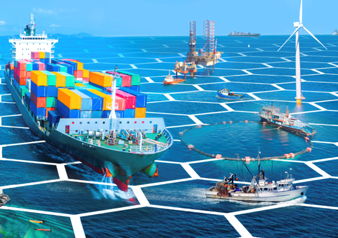 Graphic showing hexagonal grid over ocean surface, a wind turbine, container ship, circular net, and a fishing boat.