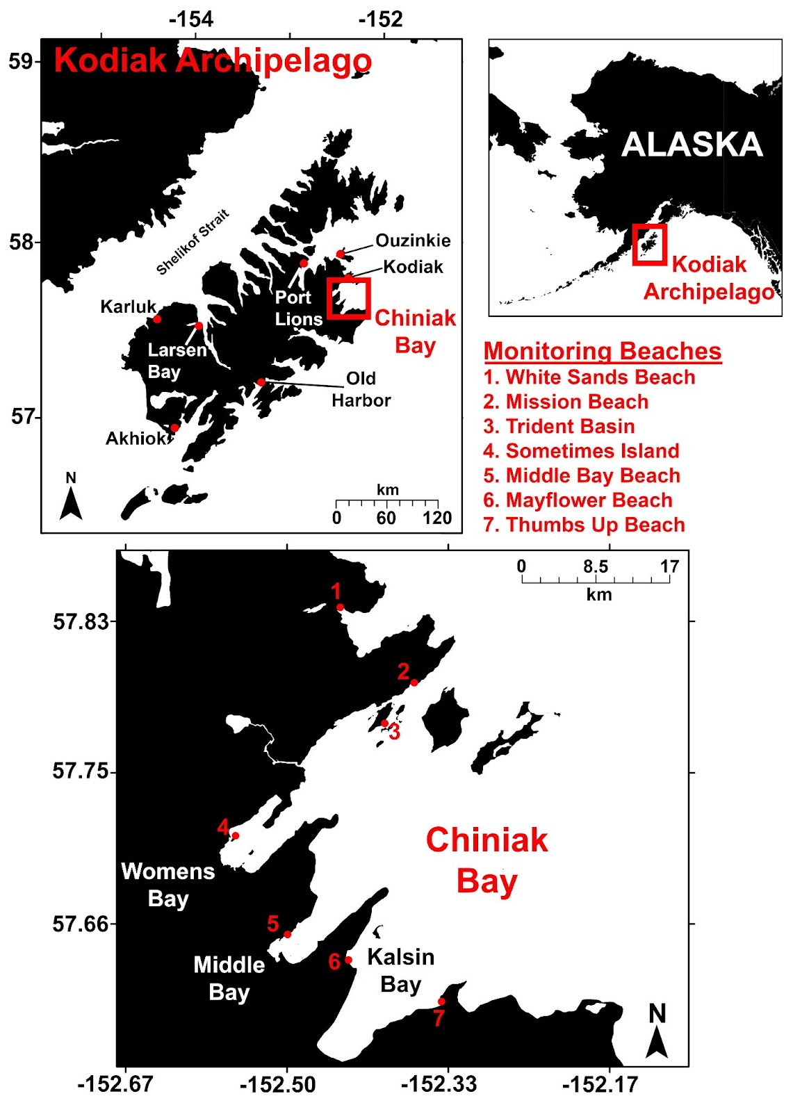 Locations of monitoring beaches for shellfish toxicity in the Chiniak Bay study area, Kodiak Archipelago, Alaska.