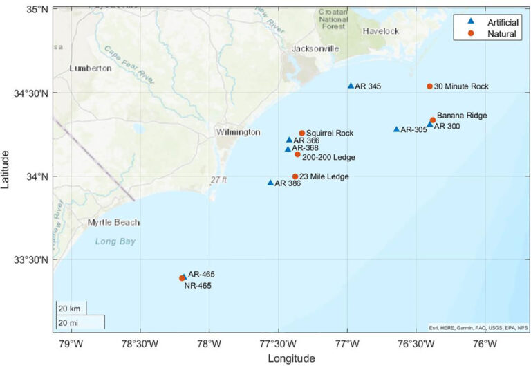  map of waters off the coast of Wilmington, NC. Triangles represent artificial reefs; circles represent natural reefs