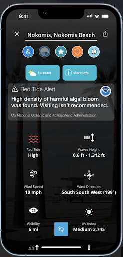 A phone shows several icons, a forecast and more info button, red tide alert with a high risk.
