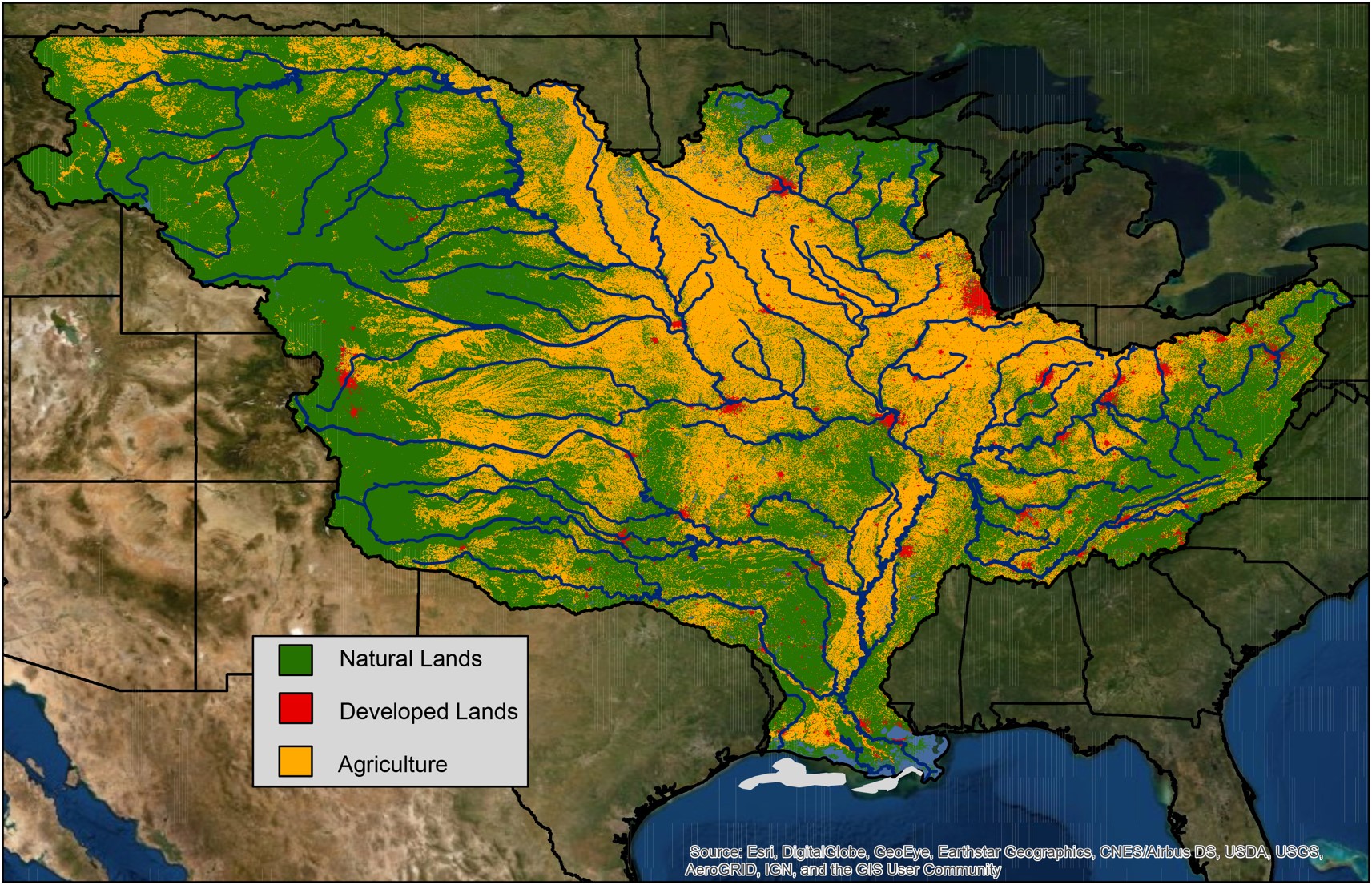 Map of US shows watershed shaded yellow for agriculture, green for natural and red for developed land leading to Gulf of Mexico