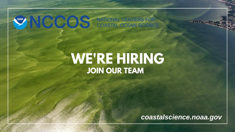 Decorative graphic. Text reads "we're hiring. join our team." followed by coastalscience.noaa.gov