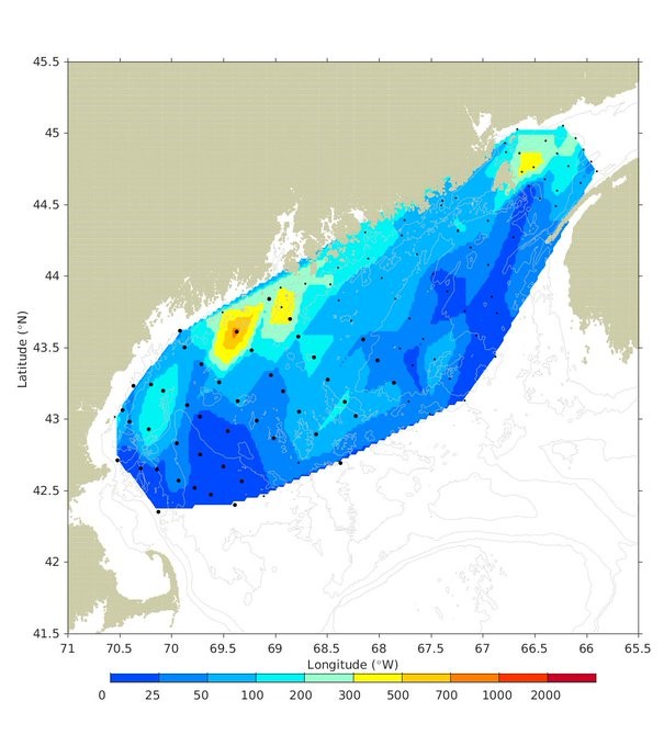 map of Gulf of Maine showing a color spectrum of dark blue to orange showing concentration of Alexandrium cysts 0 to 700 cells/cm