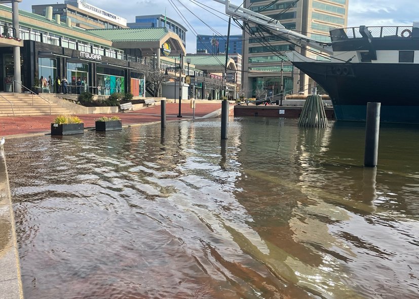 High tide flooding in the inner harbor area of Baltimore, Maryland, December, 12, 2023.