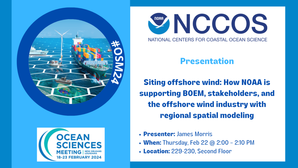 text: siting offshore wind: How NOAA is supporting BOEM, stakeholders and the offshore wind industry with regional spatial modeling. Presenter: James Morris. Thursday, Feb 22, 2:00. 229-230 second floor.