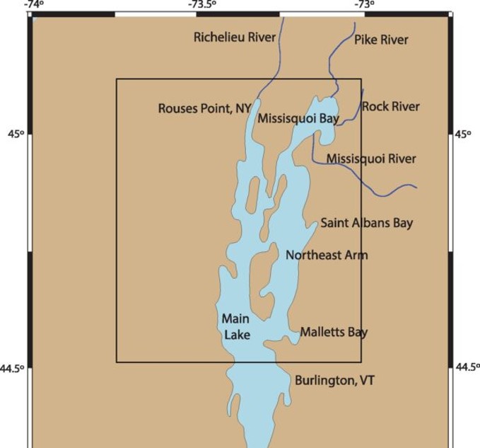 Map of Lake Champlain identifying Missisquoi Bay and its tributaries.