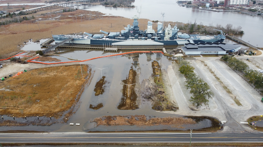 Aerial view of USS North Carolina Battleship Memorial on February 9, 2024, the day of the Living With Water project groundbreaking ceremony. 