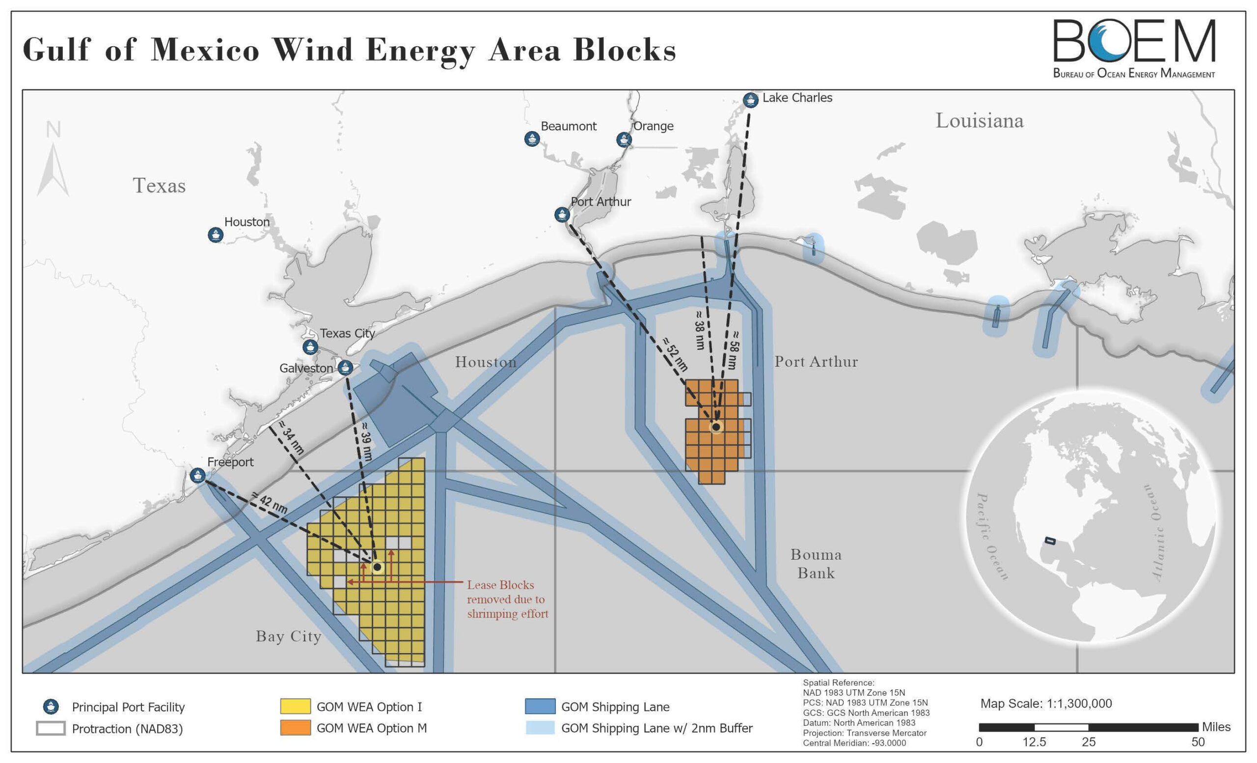 Map showing location of Wind Energy Area lease blocks off the coasts of Texas and Louisiana.