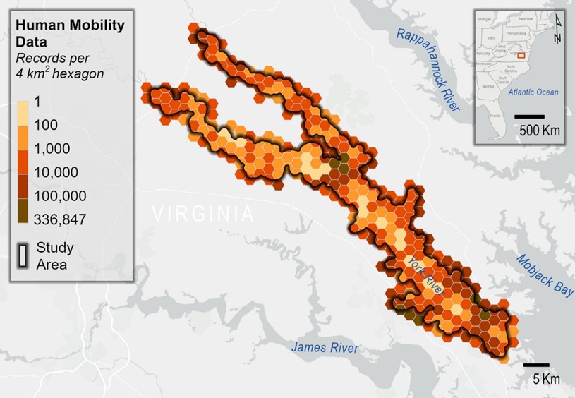 Map of York River showing a series of 4km hexagons representing Human Mobility Data ranging from 1 to 336,847.