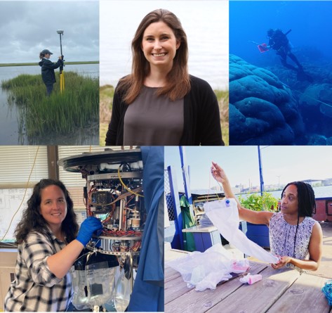 collage of 5 photos of women: working in marsh, smiling, diving on a coral reef, tending to a laboratory sensor, and holding a net.