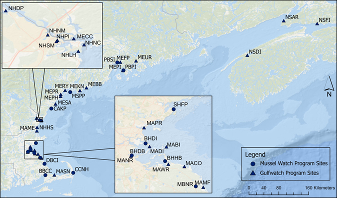 Map of sites sampled in the Gulf of Maine in 2015 and 2016 as part of the NOAA Mussel Watch Program. 