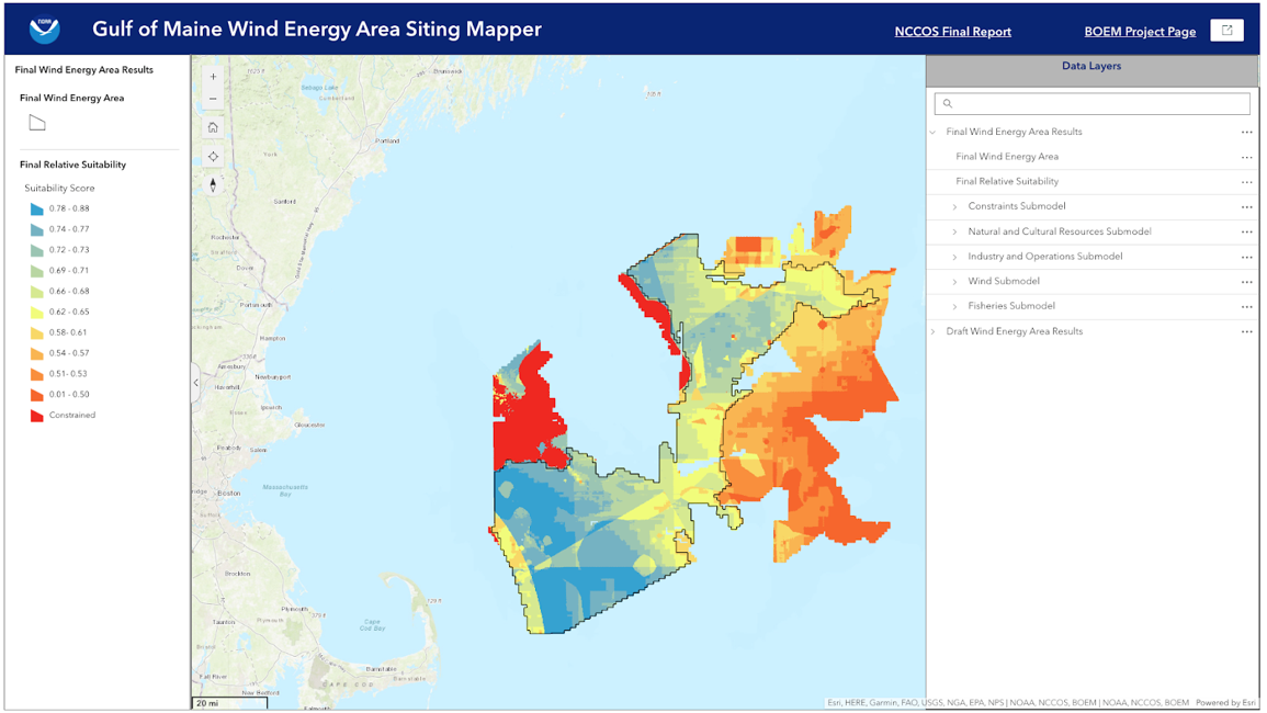 Interface for Gulf of Maine Wind Energy Area Siting Mapper shows final relative suitability
